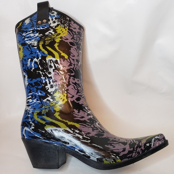 Nomad Yippy Rubber Boots Multicolor Pointed Toe Womens Size 10 Cowboy Rain Boots - Picture 16 of 16